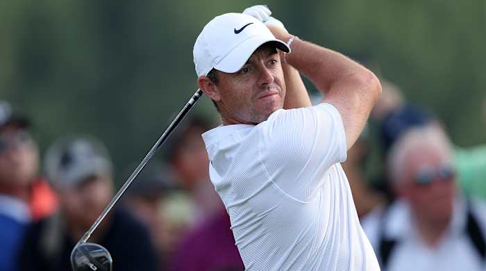 Rory McIlroy of Northern Ireland tees off on the 18th hole during the final round of the Hero Dubai Desert Classic at Emirates Golf Club on January 21, 2024 in Dubai, United Arab Emirates.